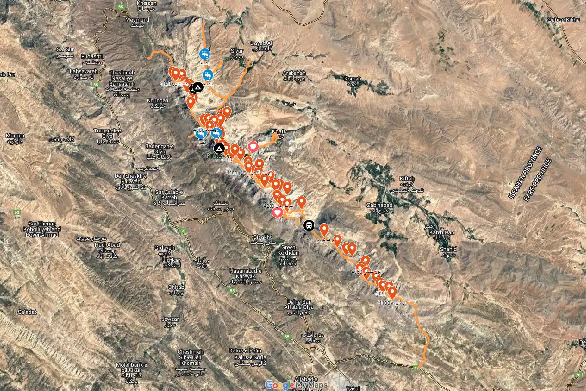 نقشه آنلاین مسیرها و قلل ۴۰۰۰ متری رشته کوه دنا